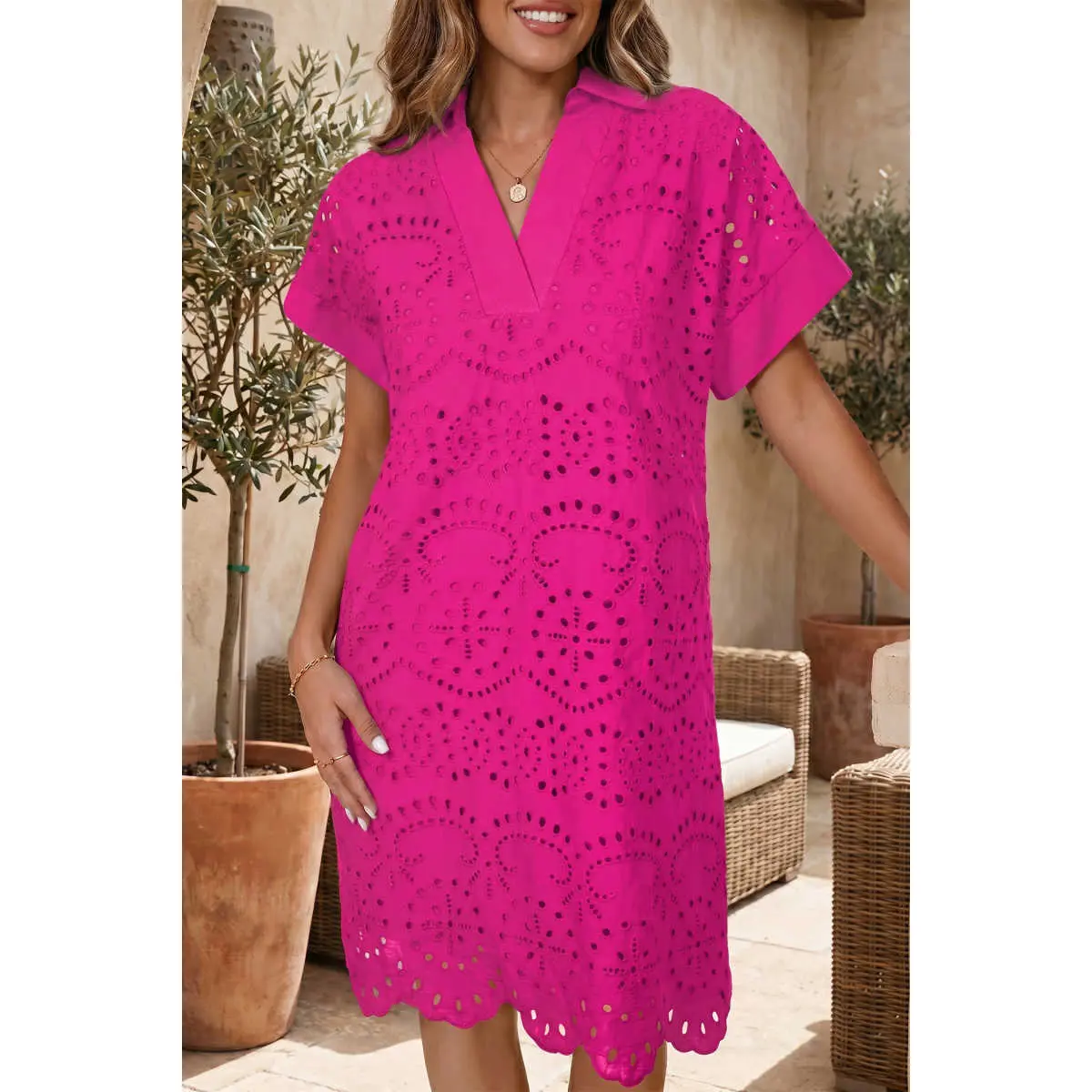 Women's Rose Red Solid Cotton Short-Sleeve Lightweight Eyelet Embroidery Chic T-Shirt Mini Dress - Casual Daily Shortsleeve Women's Casual Dress