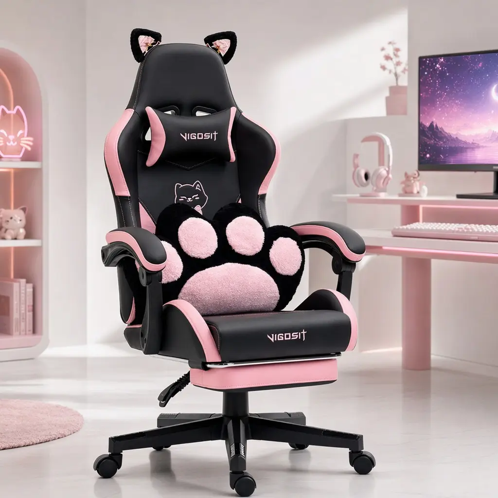 ARCH Cute Cat Gaming Chair with Paw Lumbar Cushion for Women Teens, PC Gamer Chair with Adjustable Headrest, PU Leather Ergonomic Computer Desk Chair with 155° Recline, Black