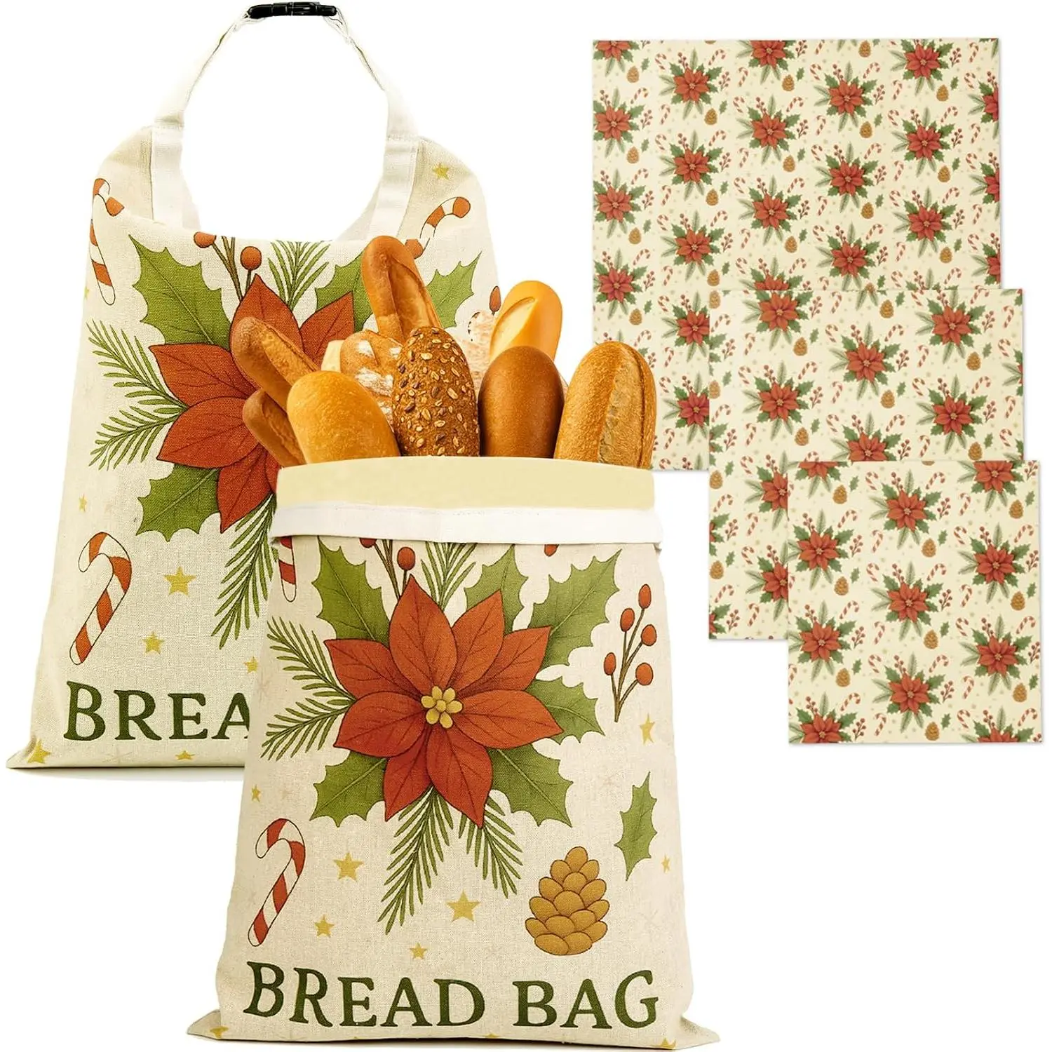 5 count Christmas Beeswax Bread Bags Set – 2  Bread Bags + 3 Wax Paper Sheets, Beeswax Wraps for ,Homemade Sourdough,Cheese,Snacks & Fruit,Holiday  for Bakers Kitchen Lovers