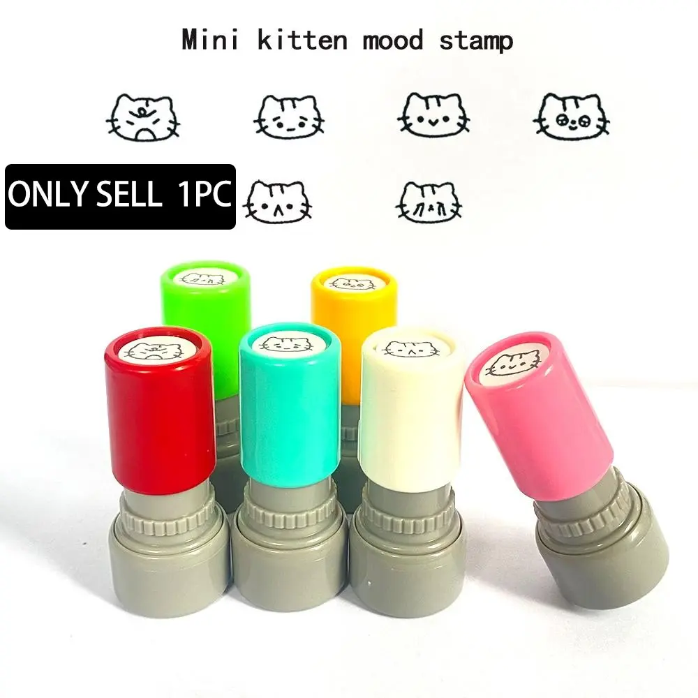 Mini Round Cat Mood Light Sensor Stamp, Creative Kitty Expression Postage Stamps, Teacher Classroom Decorative Self-Inking Rubber Stamp Office Supplies