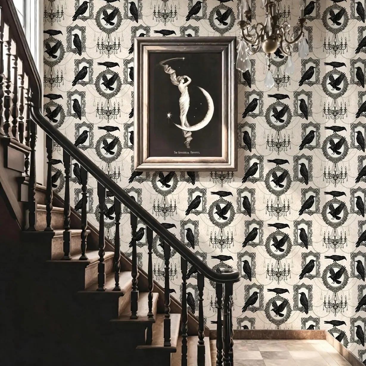 Gothic Raven Crystal Chandelier Self-Adhesive Wallpaper, Halloween Decor Sticker, Vintage Dark Removable Wall Decal for Living Room, Bedroom, Kitchen, Stairs, Table, Chairs