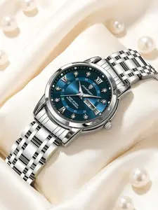 Women's Fashion High-Quality Watch, Round Dial, Roman Numerals, Diamond-Encrusted, Automatic Calendar, 316L Stainless Steel, Waterproof, Elegant Design