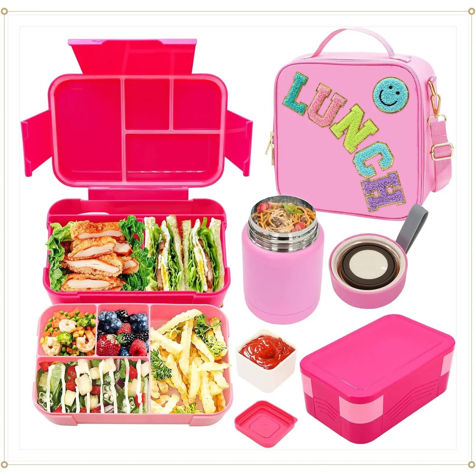 Pink Lunch Box for Girls with 10oz Insulated 6-Compartment Bento Set | Nylon Lunch Bag with Adjustable Strap, Leakproof Thermal Pouch for Kids, Teens, School, Travel and PicnicGift