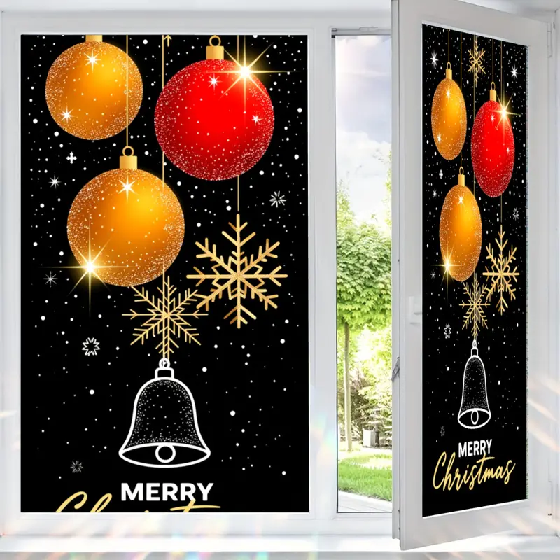 2D Flat Static Cling Christmas Baubles Snowflakes Bell Window Decal Rectangle Ornament For Door And Window Decorations Removable