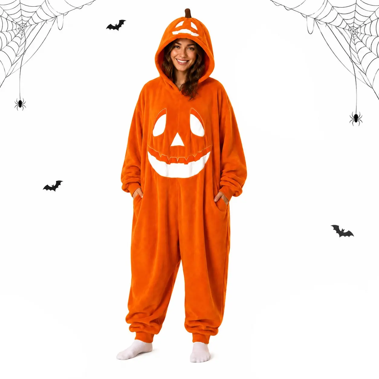 Adult Halloween Pumpkin Hooded Onesie Pajamas, Soft Fleece Jumpsuit, Cozy Costume Sleepwear for Women Men, Comfortable Wear