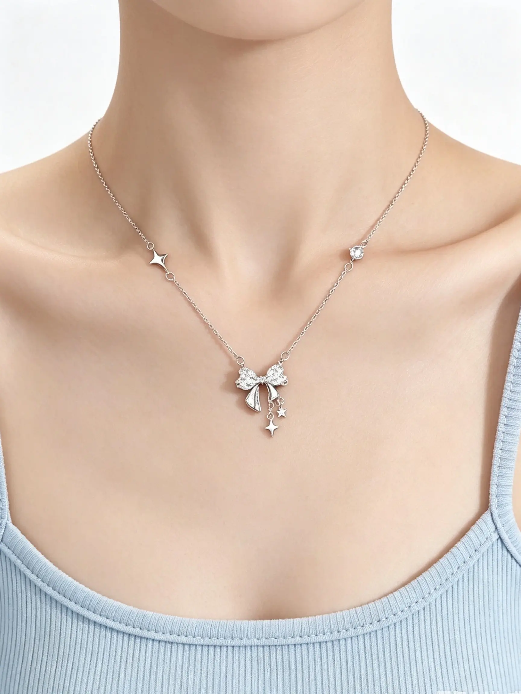 Y2K Sweet Girl Starlight Bow Full Rhinestone Necklace, Day and Night Unique Rhinestone Bow Pendant Necklace Accessory, Trendy Jewelry