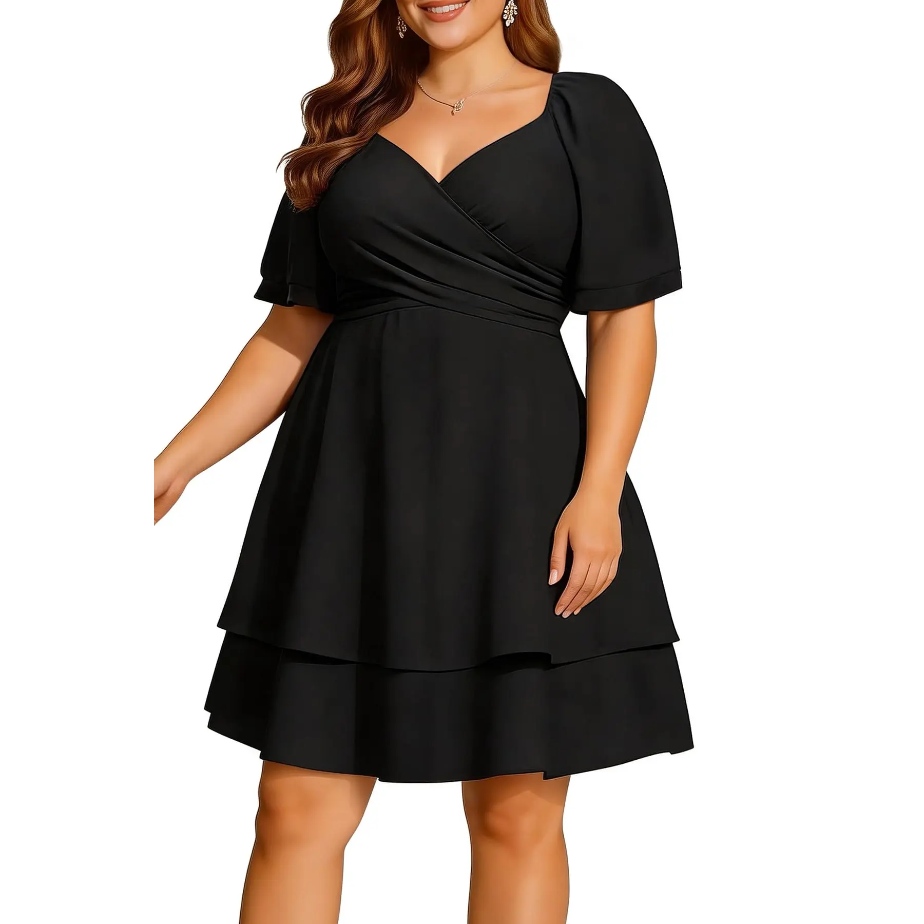 PINUP FASHION Women's Plus Size Graduation Dress - Short-Sleeve, Smocked, Ruched, Polyester Fabric Summer Wrap V-Neck Ruffle Knee-Length Wedding Guest Dress, Shortsleeve, Floral