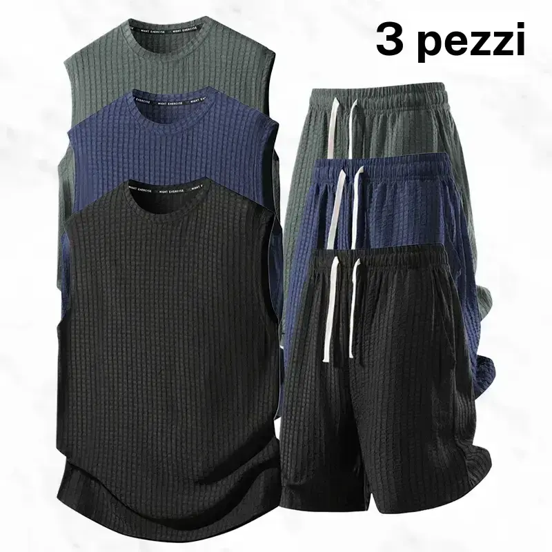 Men's 3 Piece Set Sleeveless Vest & Shorts Waffle Texture Breathable Ice Silk High Elastic Drawstring Waistband Summer Casual Wear mens shapewear usa