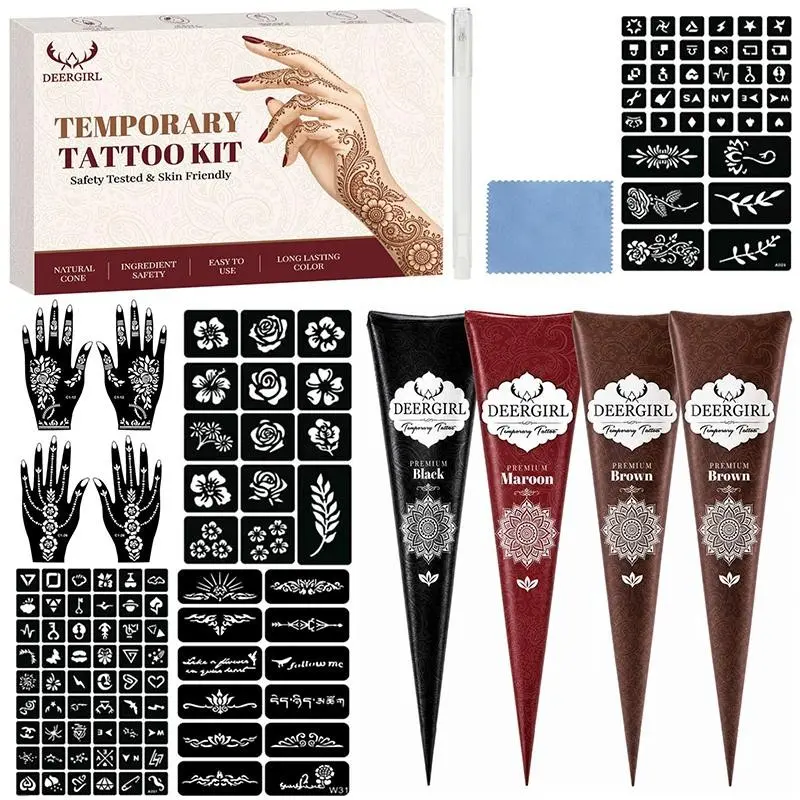 Professional natural henna temporary tattoo kit with henna designs, multi-color plant henna cones & over 200 reusable hollow stencils. Skin-friendly DIY body art for women, create exotic temporary tattoos for weddings, festivals and parties easily.