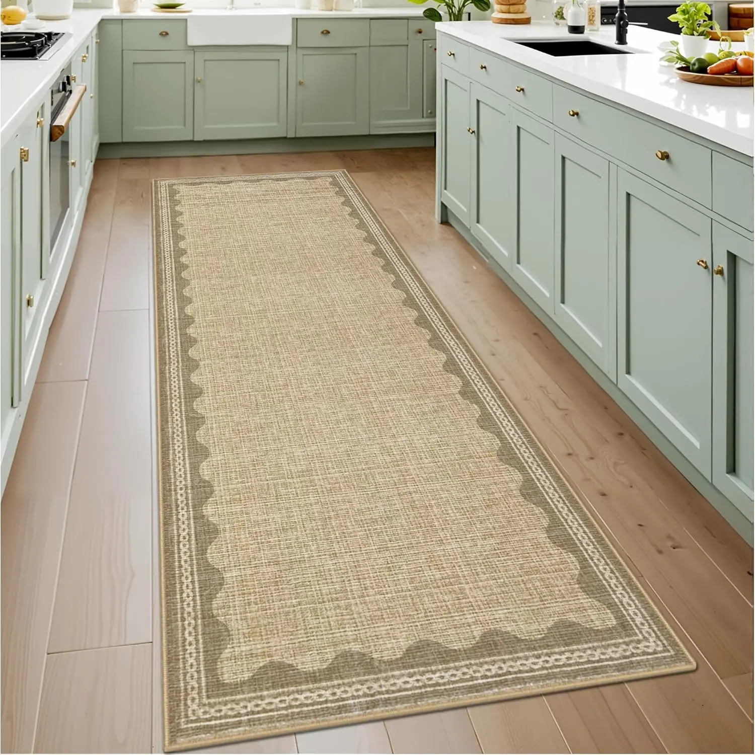 Gaomon Minimalist Low-Pile Scalloped Runner Rug, Multi-Size Solid Tan Jute Digital Printing Soft Non-Slip Washable Carpet for Entryways, Indoor Areas