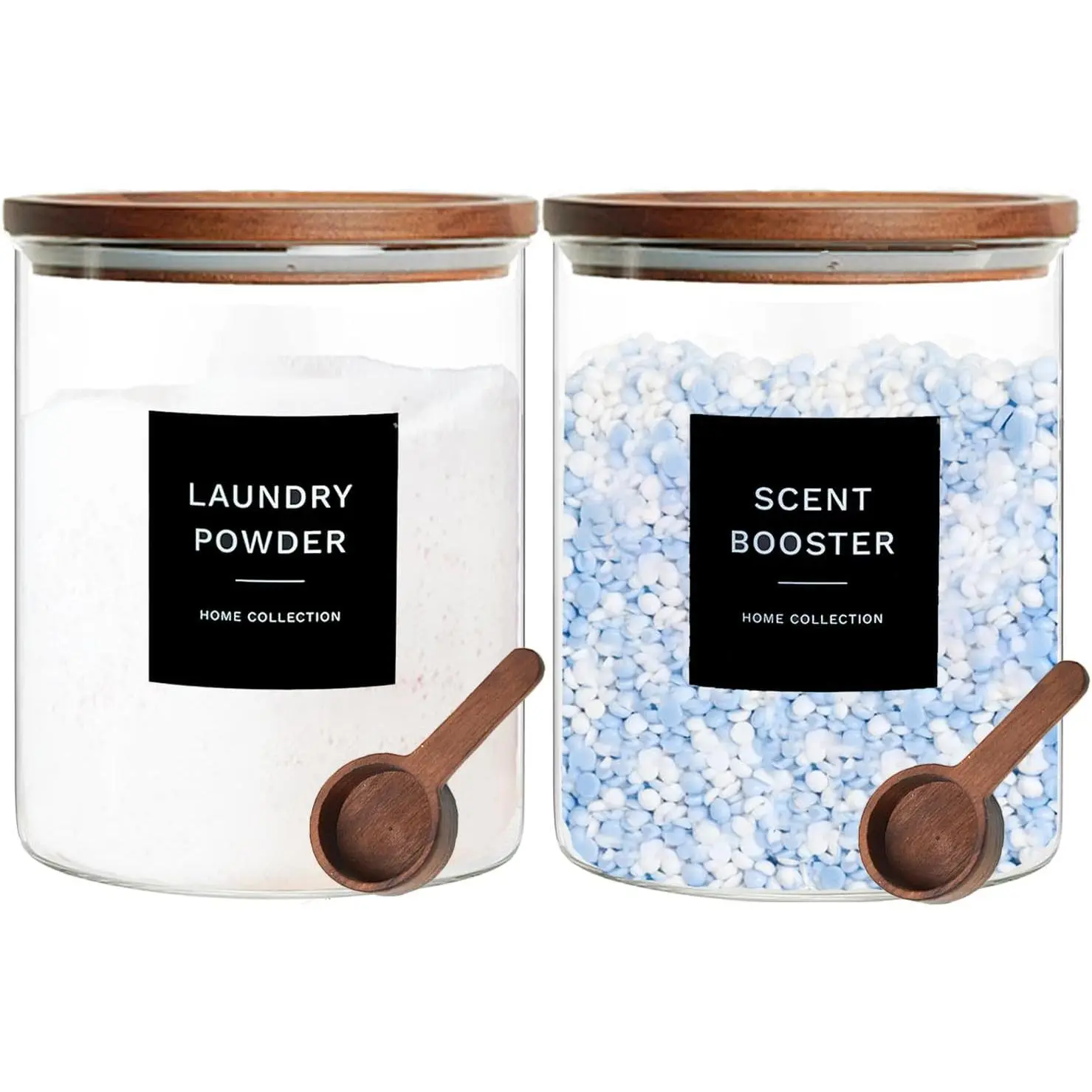Glass Laundry Storage Containers with Acacia  and Scoops, Laundry Jars | 2 Pack Laundry Detergent Canisters for , Laundry Pod Holder & Beads Organizer with Labels for Laundry Room Organization