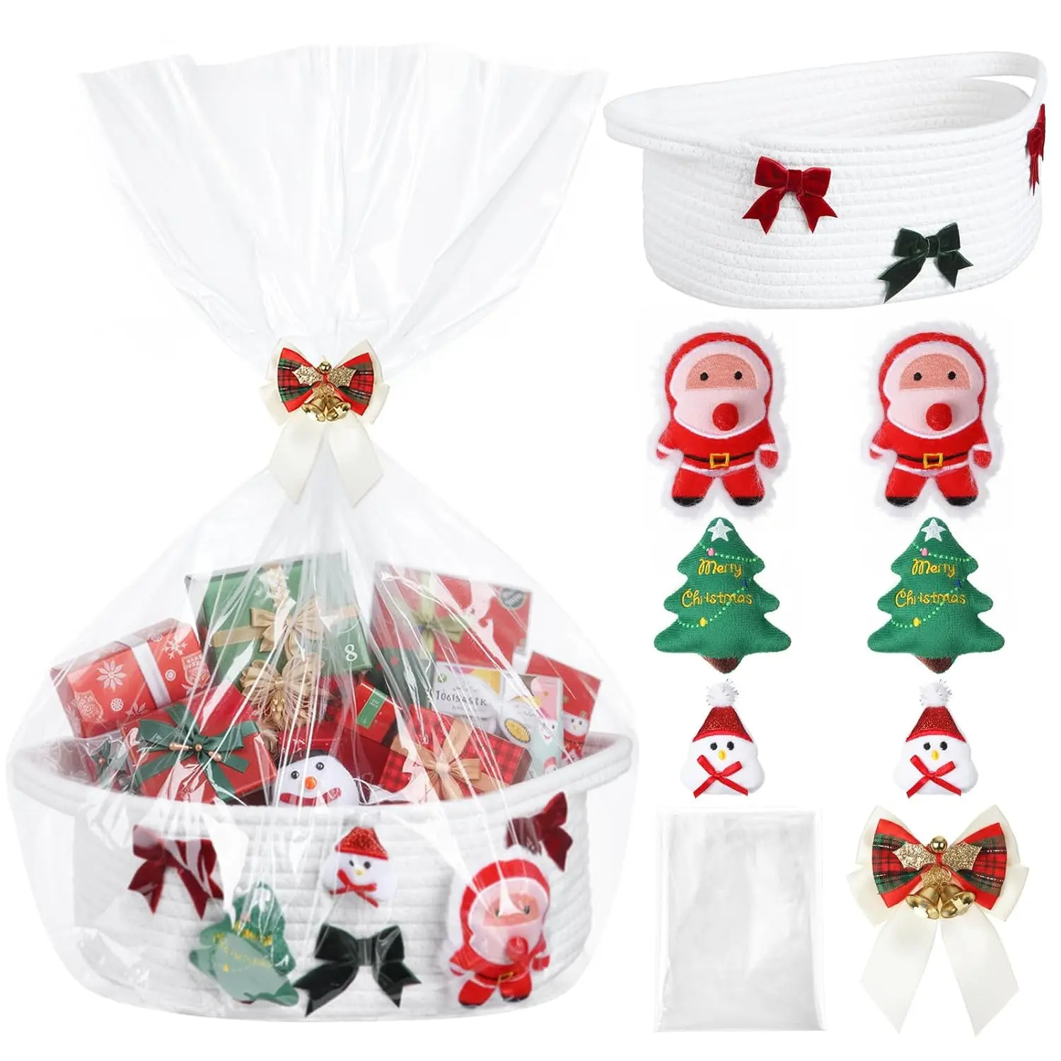 Christmas Baskets for Gifts Empty to Fill 12"x 8"x 5" Small Woven Basket with  Bag Bow Christmas Empty  Basket with Handle Xmas Holiday Gifts Storage Baskets Decorations(White,Stylish)