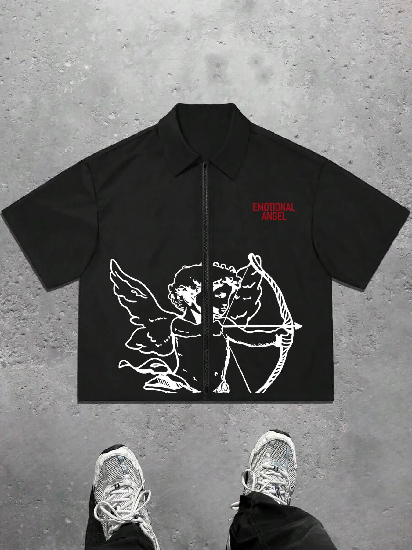 Men's Angel & Bow Print Zip Up Short Sleeve Shirt, Loose Casual Street Short Sleeve Collared Top for Summer, Fashion Men's Clothes for Daily Wear, Men's Clothing