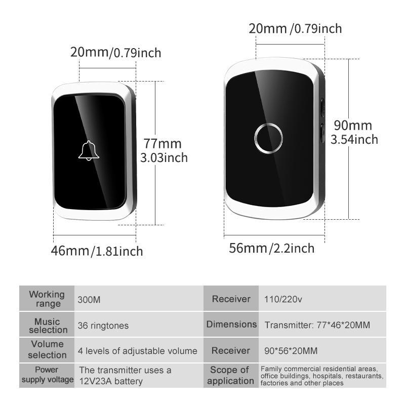 Smart Doorbell, Wireless Home Doorbell with 30 Melodies, US Plug Home Security & Safety Doorbell for Villa, Hotel, Office, Garden, Living Room, Classroom