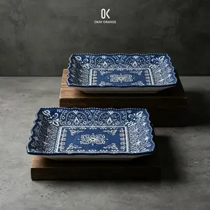 Vintage Blue and White Ceramic Tableware, Serving Plates, 14 Inch Rectangular Fish Plate & 8.5 Inch Square Dinner Plate, Boho Mandala Pattern Microwave Dishwasher Safe