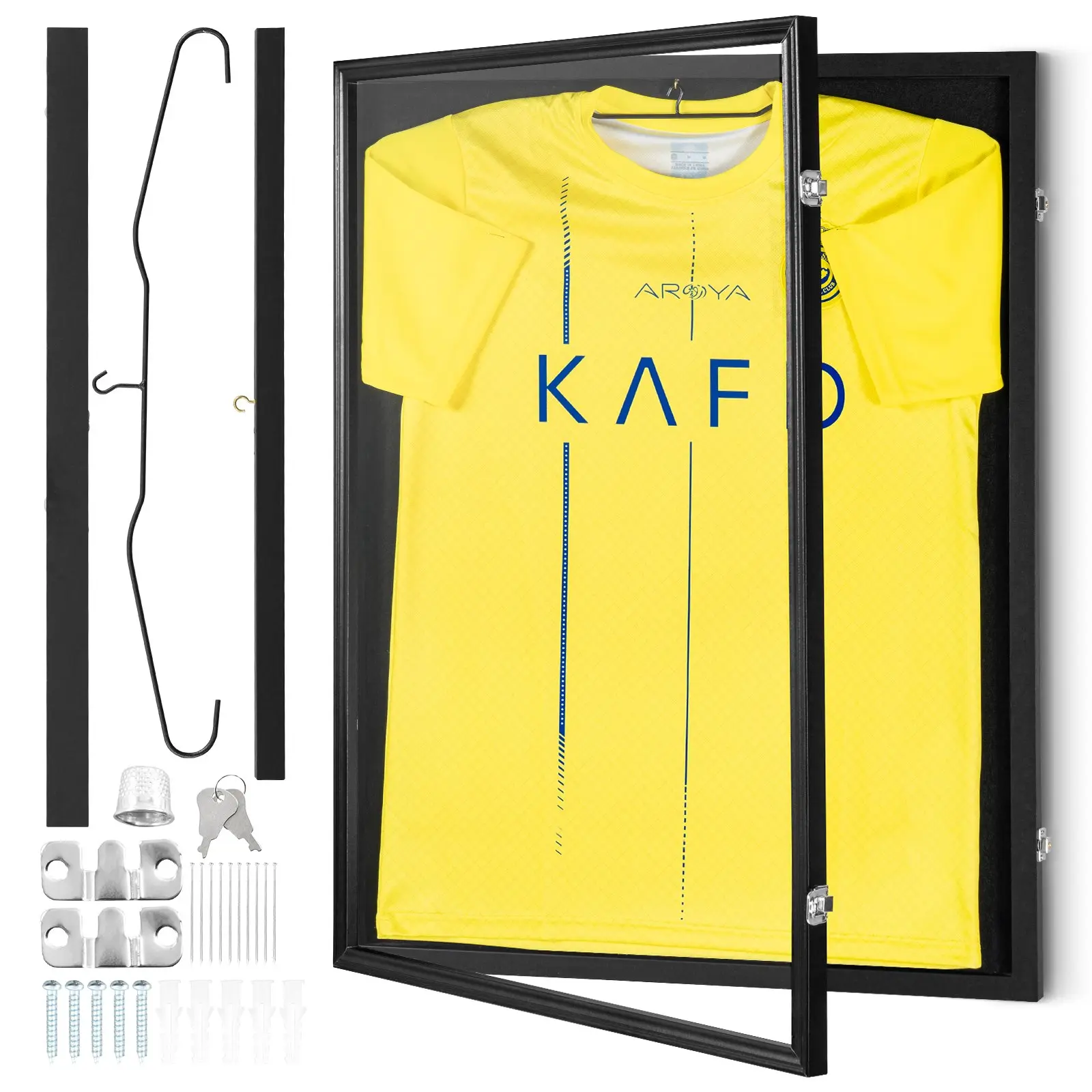 【Summerfinds】VEVOR Jersey Display Frame Case, 24x 32x 1.5 in, Large Lockable Sport Jersey Shadow Box with 98 UV Protection PC Glass and Hangers, for Baseball Basketball Football Hockey Shirt and Uniform, Black