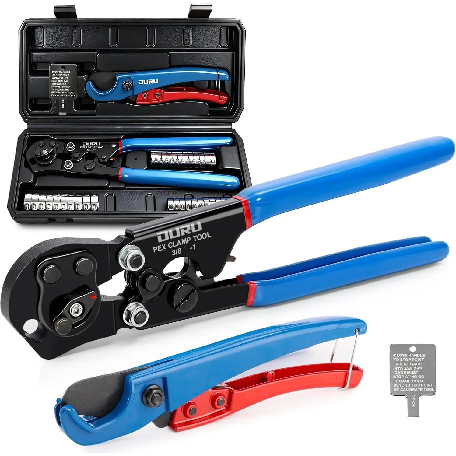 2 IN 1 Ratchet Pex Crimping Tool with Cinch and Remove Combo Function, for 3/8" to 1" Pex Pipe, includes Pex Cutter, Stainless Steel Pex Clamps 1/2" 25PCS 3/4" 10PCS in Plastic Box