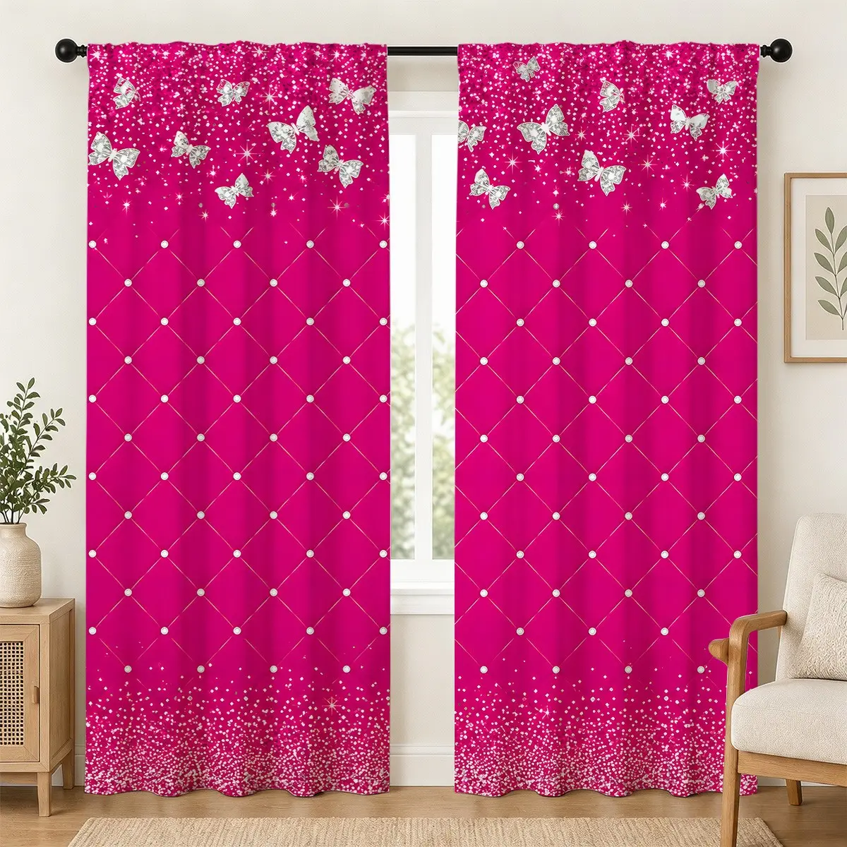 Multicolor Silver Glitter Butterfly Printed Curtains 2 Panels, window drapes, Home Decoration Curtain, Diamond Lattice Confetti Dot Washable Polyester Window Curtains