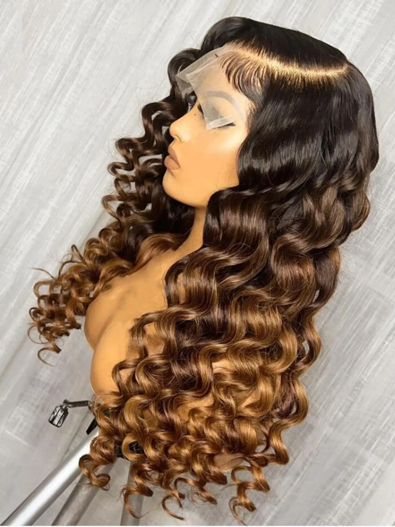 Ombre Brown Soft Long 26 Inch 180 Density Deep Wave Curly Front Lace Wig, Glueless Heat Resistant Synthetic Hair, Daily Wear Pre-plucked, Deep Wavy Curly