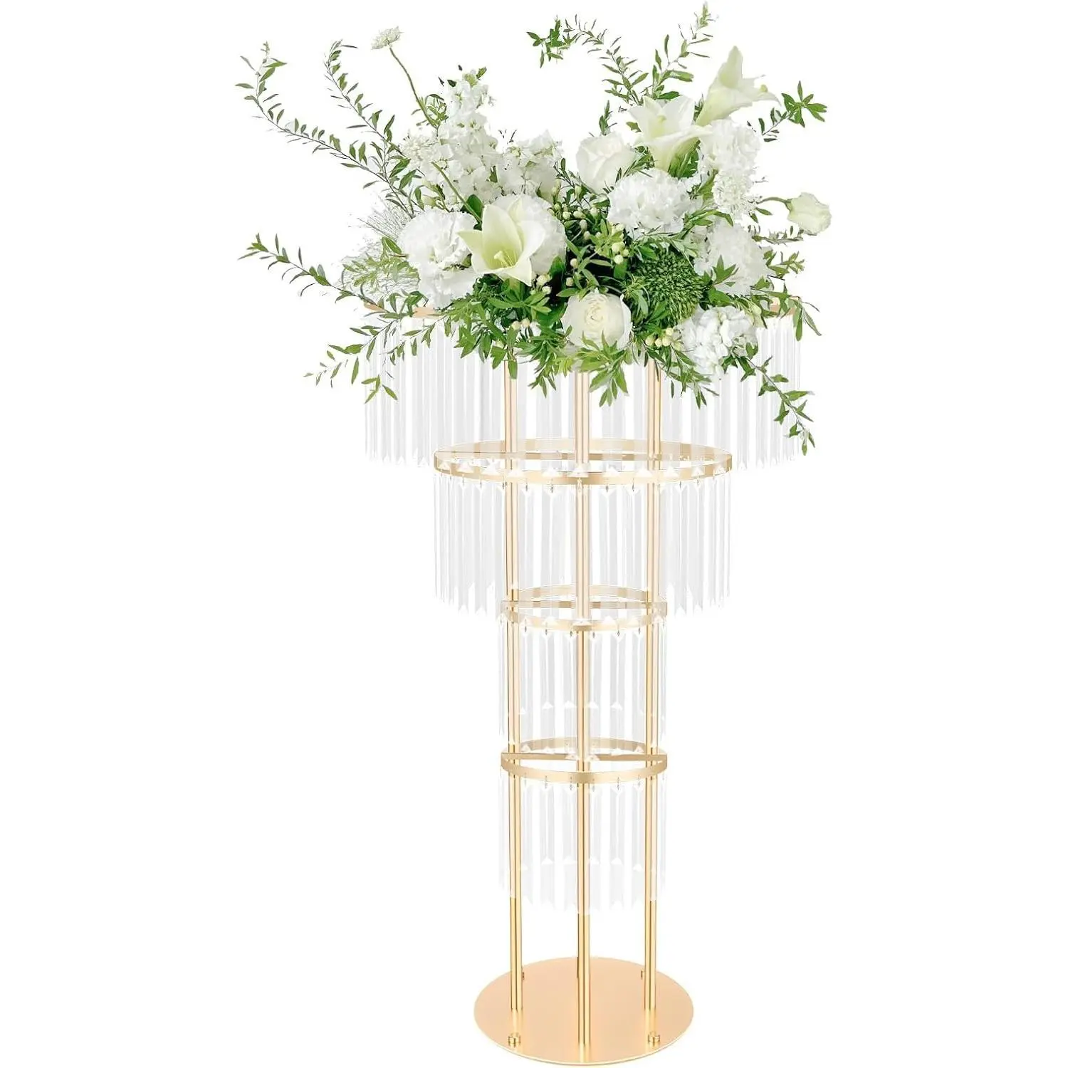 Golden Vase Crystal Flower Stand with Removable 4 Tier Round Crystal Chandelier for Wedding Wayfinding Stage Flower Arrangement Decoration (19.69 * 37.4 in) Ornaments