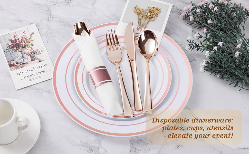 350PCS Rose Gold Plastic Plates & Silverware Set for 50 Guests – Includes 100 Plates, 50 Napkins with Rose Gold Cutlery & 50 Cups for Weddings, Anniversaries & Special Events Birthday Party Tray Mother's day Baby Showers Disposable 350PCS Rose Gold Plastic Plates & Silverware Set for 50 Guests – Includes 100 Plates, 50 Napkins with Rose Gold Cutlery & 50 Cups for Weddings, Anniversaries & Special Events Birthday Party Tray Mother's day Baby Showers Disposable