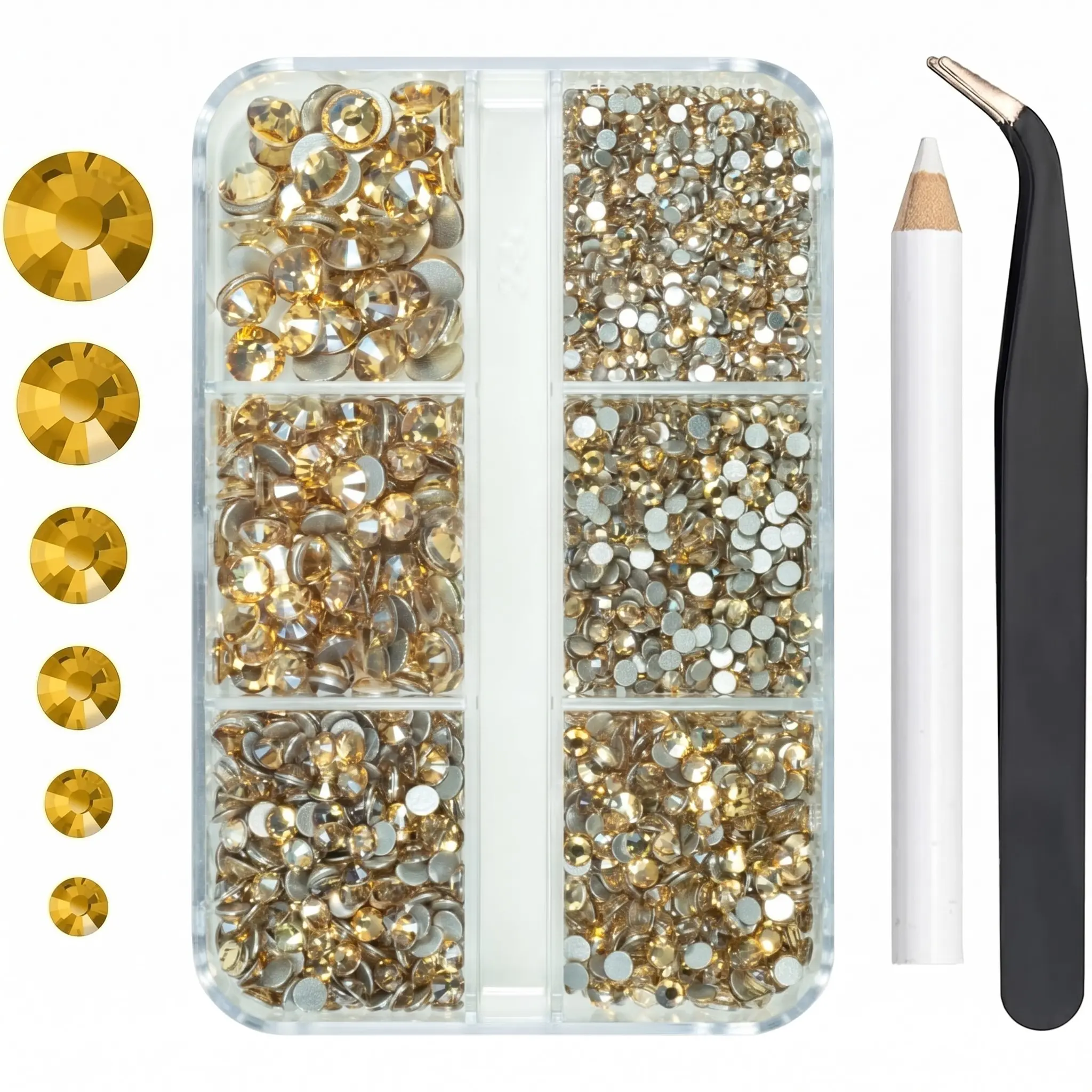 2550pcs Champagne Golden Nail Art Flatback Rhinestones, Nail Gems, Ss4-Ss20 Sizes, Bling Diamonds, Tweezer & Picking Pen, DIY Craft Supplies, Nail Art Set, Nail Decoration Supplies, Nail Art Supply