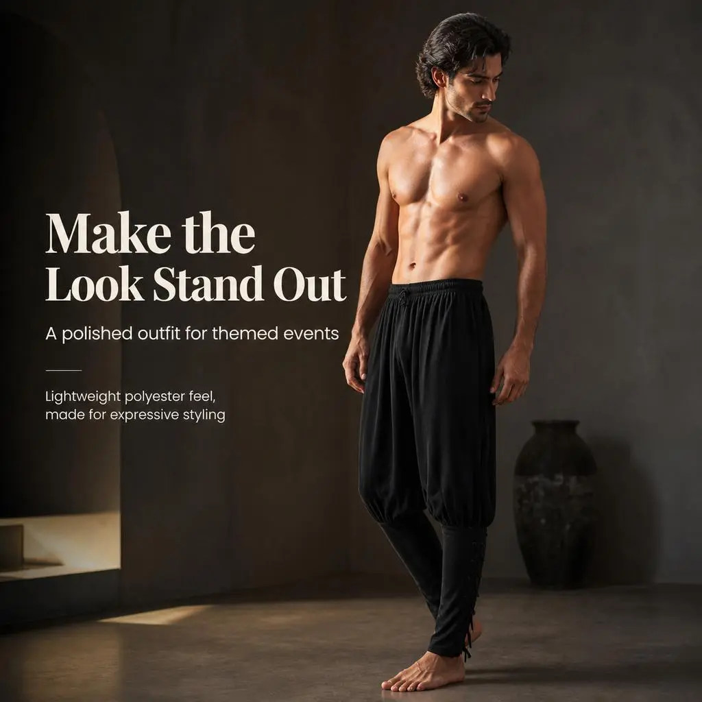 Men's Vintage Medieval Renaissance Polyester Harem Pants - Black Lace-Up Ankle Banded Casual Smooth Trousers for Adult Historical Cosplay, Halloween Themed Parties