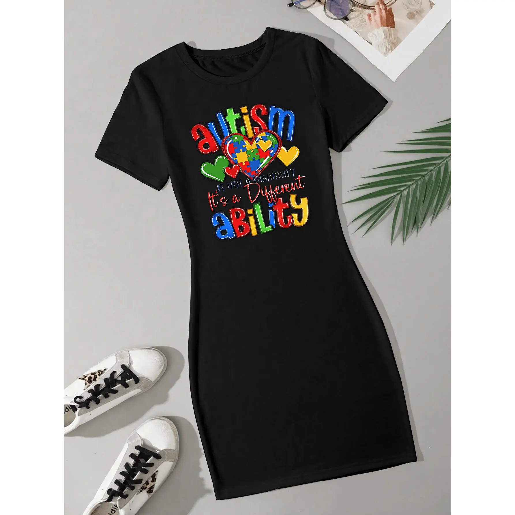 Autism Bodycon Dress, Fitted Printed Sexy Fashion Short-Sleeve T-Shirt Dress
