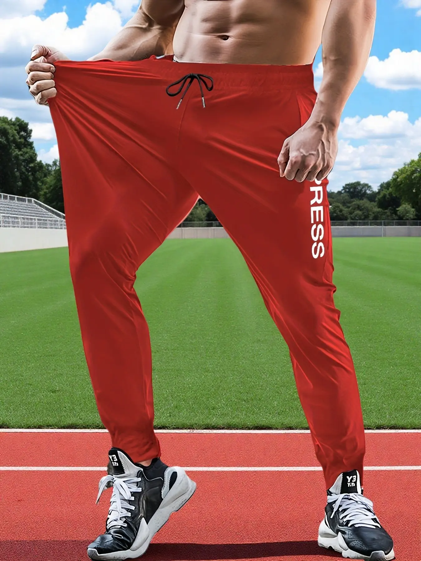 Men's Letter Press Print Quick-Dry Jogger Pants, Elastic Drawstring High Waist, Breathable Lightweight Sportswear, Gym Running Casual Outdoor Long Pants