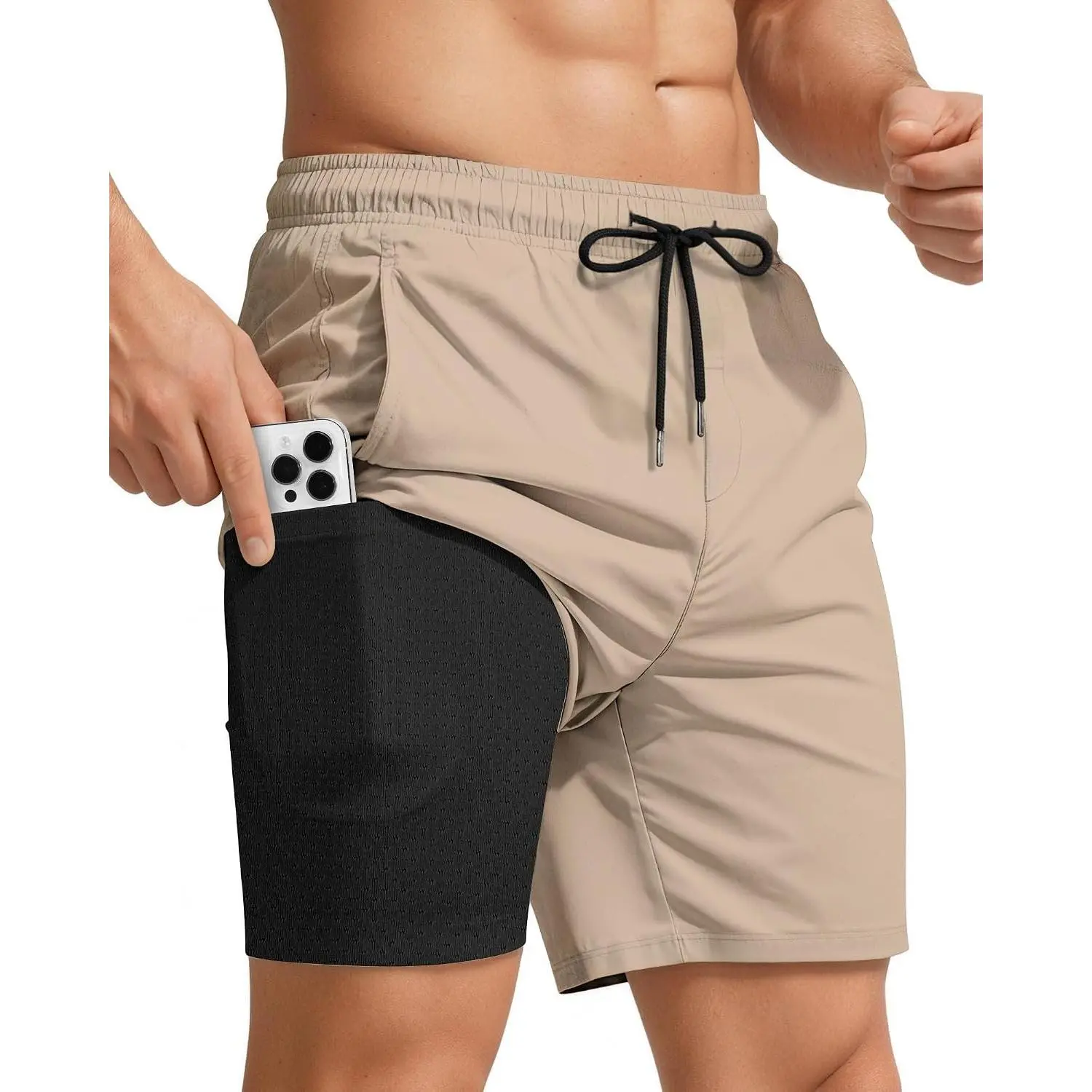 Men Swim Trunks with Compression 7 Inches Breathable Liner Quick Dry Zipper Pockets for Board Beach Gym Running