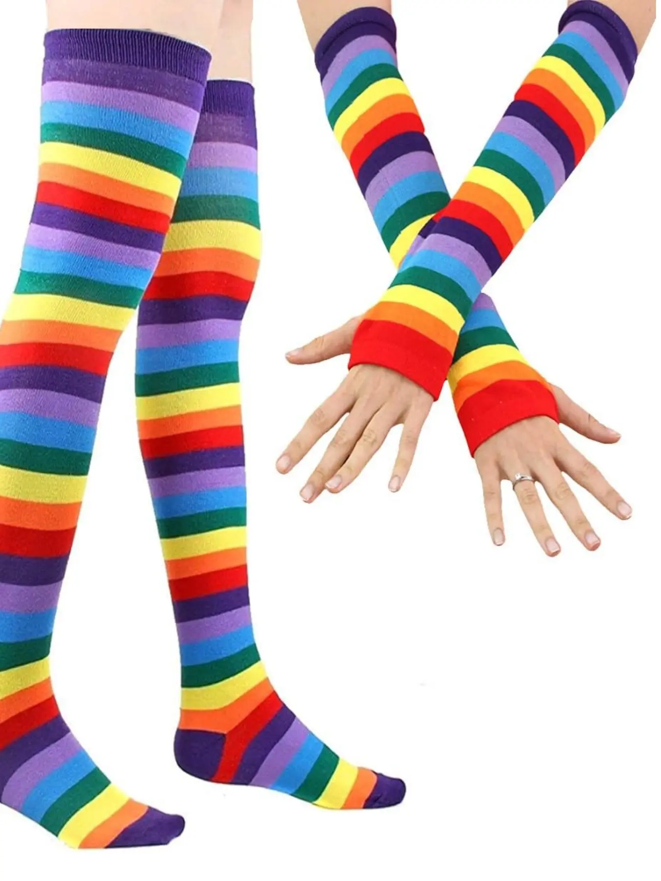 1Pair Rainbow Striped Thigh High Long Socks Sock Set & 1Pair Fingerless Arm Warmers, Matching Cotton Cosplay Costume Accessories, Casual Plain Design, All Seasons