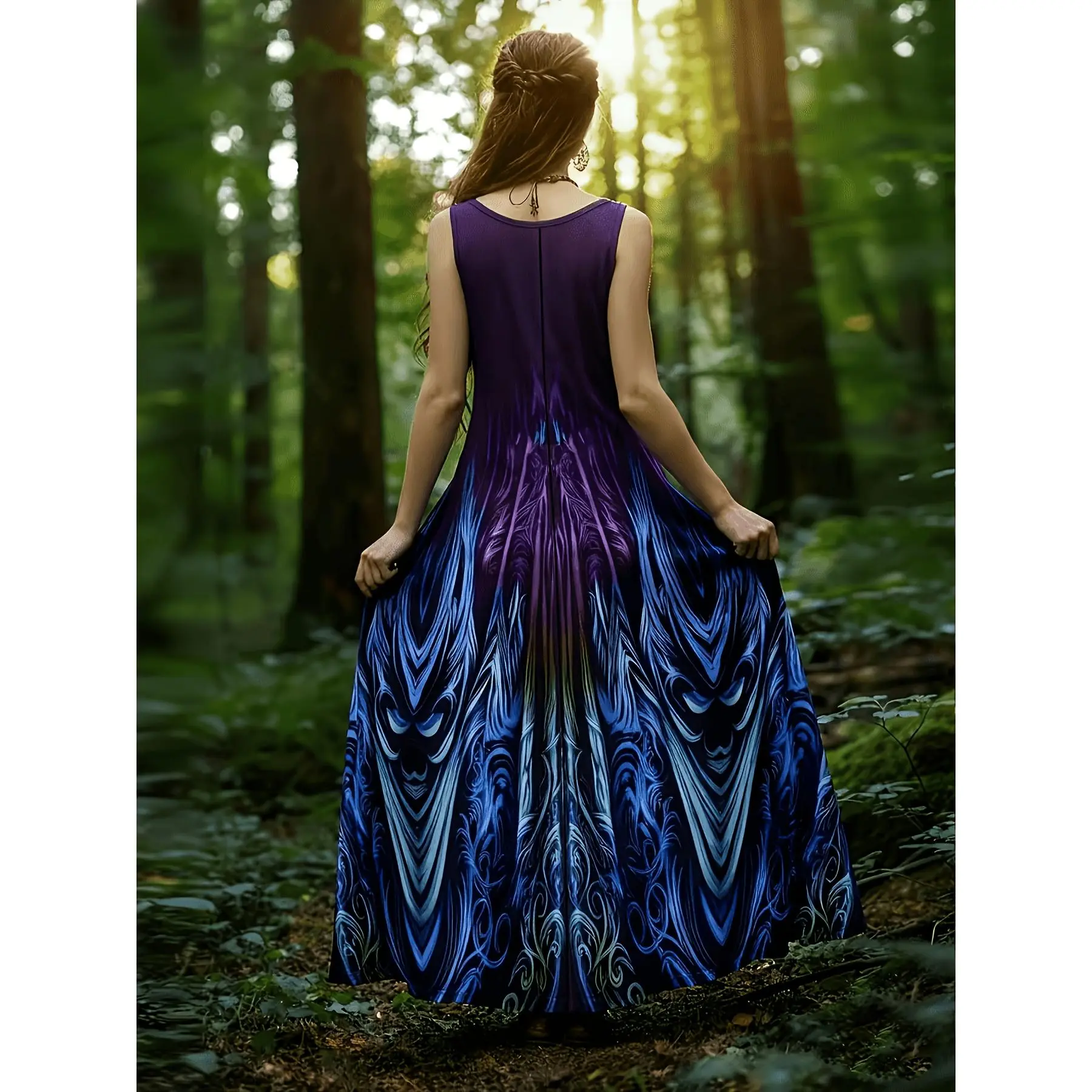 Women's Viking Full-Body Totem Print Maxi Dress, Sleeveless Round Neck Ethnic Dress with Contrast Color Lengths, Suitable for Dates Weddings & Spring/Summer Outfits, Machine Washable, Viking Style -Length Dress