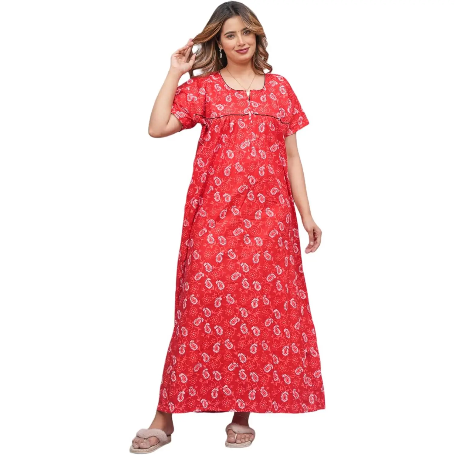 Maternity Women's Soft Cotton Indian Nighty - Casual Zipper Style Nightwear, Comfy Long Fabric Nightgown for Dailywear, Loungewear, Pocket, Fit