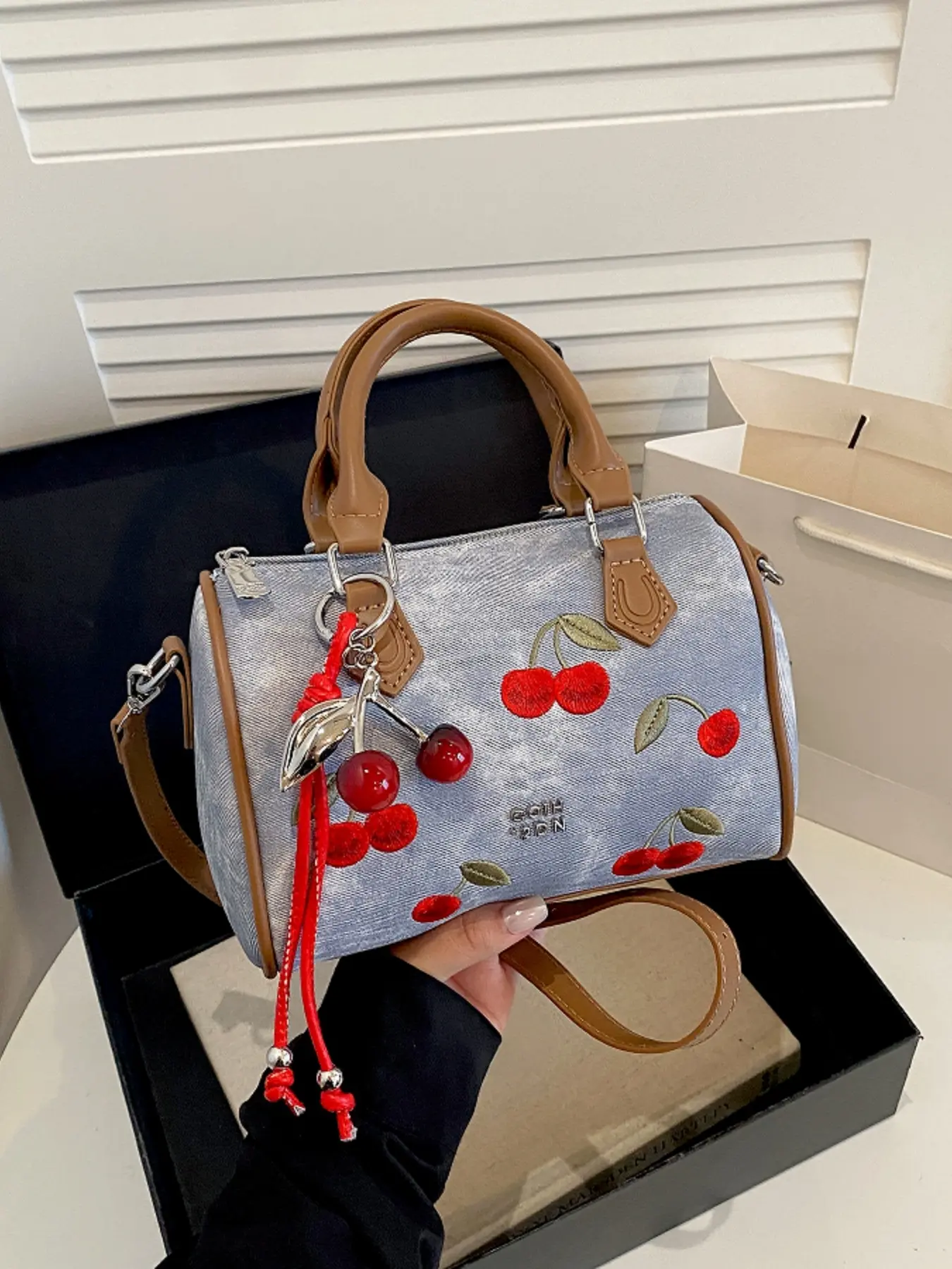 Cute denim cherry embroidered mini handbag, detachable crossbody strap sweet girls cylindrical small bag, with cherry pendant, dating daily outfit trendy shoulder bag, Aesthetic handbag, Embellished shoulder bag