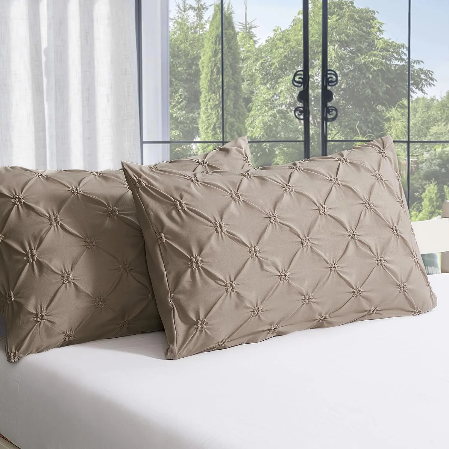 Standard Pillow Shams 20 x 26 Set of 2, Oatmeal| Microfiber Decorative Pleat Shams with Envelope Closure, Wrinkle Resistant, Machine Washable