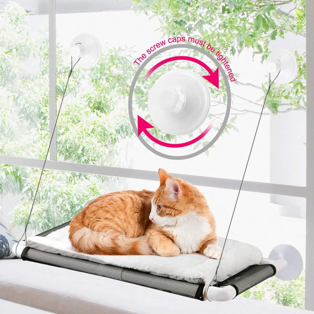 Large Cat Window Hammock Perch with Fleece Blanket, Heavy-Duty Screw Suction Cup Window Bed with Secure Hold for 2 Large Cats, Window Perch