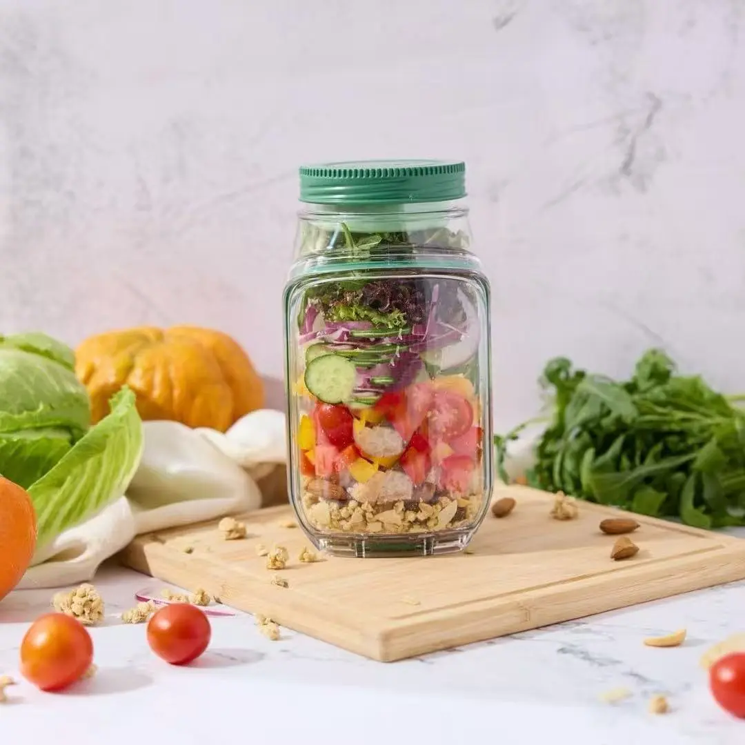 Mason Jar Salad Container, Side Opening Storage Tool, Convenient Lunch Box with Seasoning Tray, Microwave, Dishwasher, Refrigerator Safe, On the Go Salad Jar