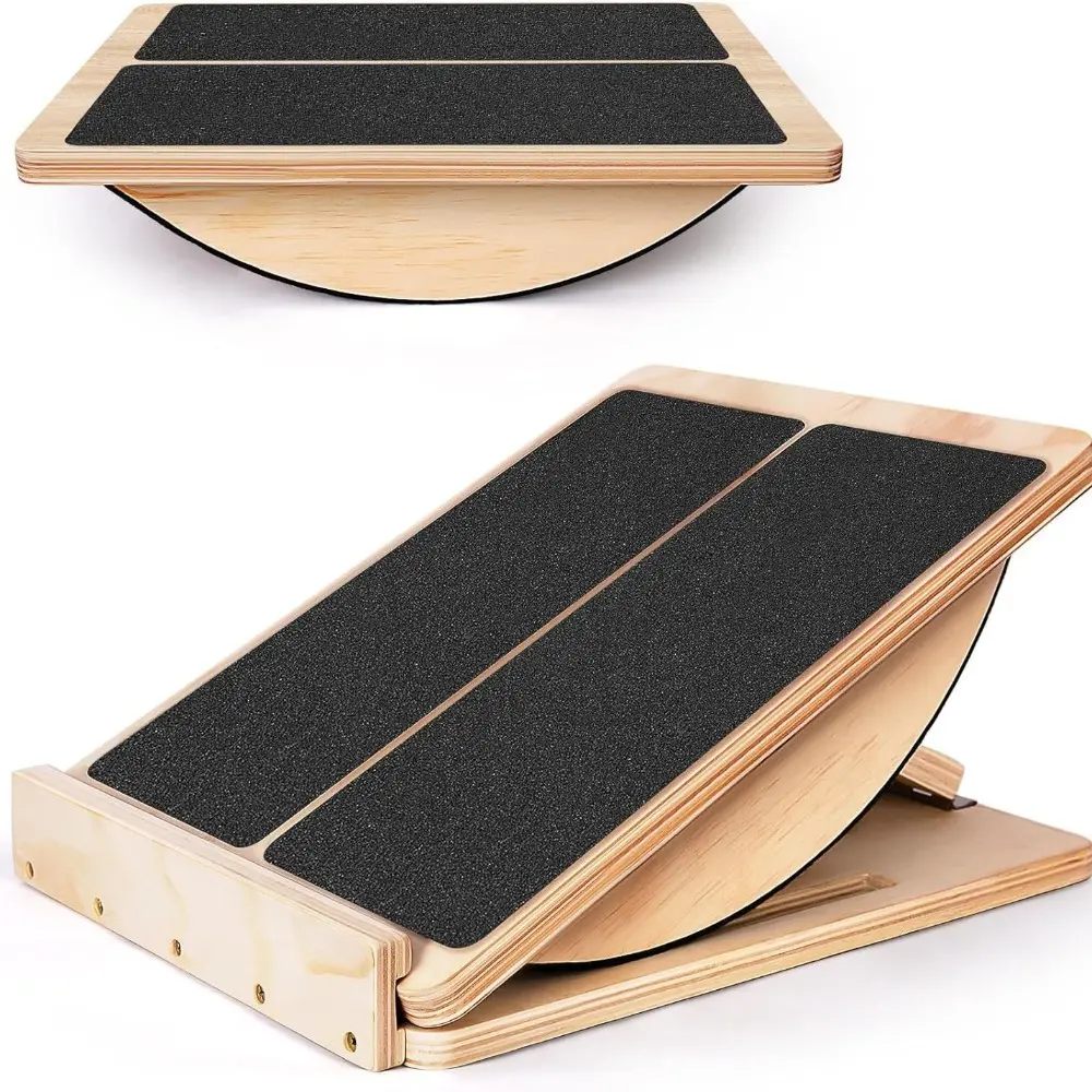 Wooden Balance Board with Adjustable Incline and Calf Stretch, Anti-Slip Wobble Board for Ankle Strength and Posture Correction, Home Gym Use