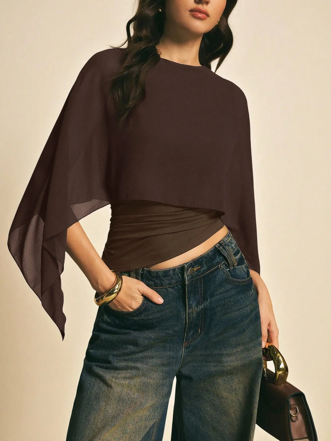 1 Piece Women's Sheer Chiffon Cape Top Asymmetric Hem Top Asymmetrical Flowy Poncho Style Casual Cropped Blouse