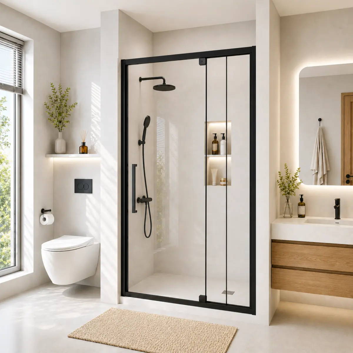 Minimalist Semi-Frameless Pivot Shower Door - 44"-48" & 56"-60" W x 72" H, 1/4"(6mm) Tempered Glass, Matte Black, Reversible Left/Right Install, Adjustable Rail, Durable Stainless Steel Hinges, Modern Bathroom Upgrade, 44"-48" Width, Pivot Frameless