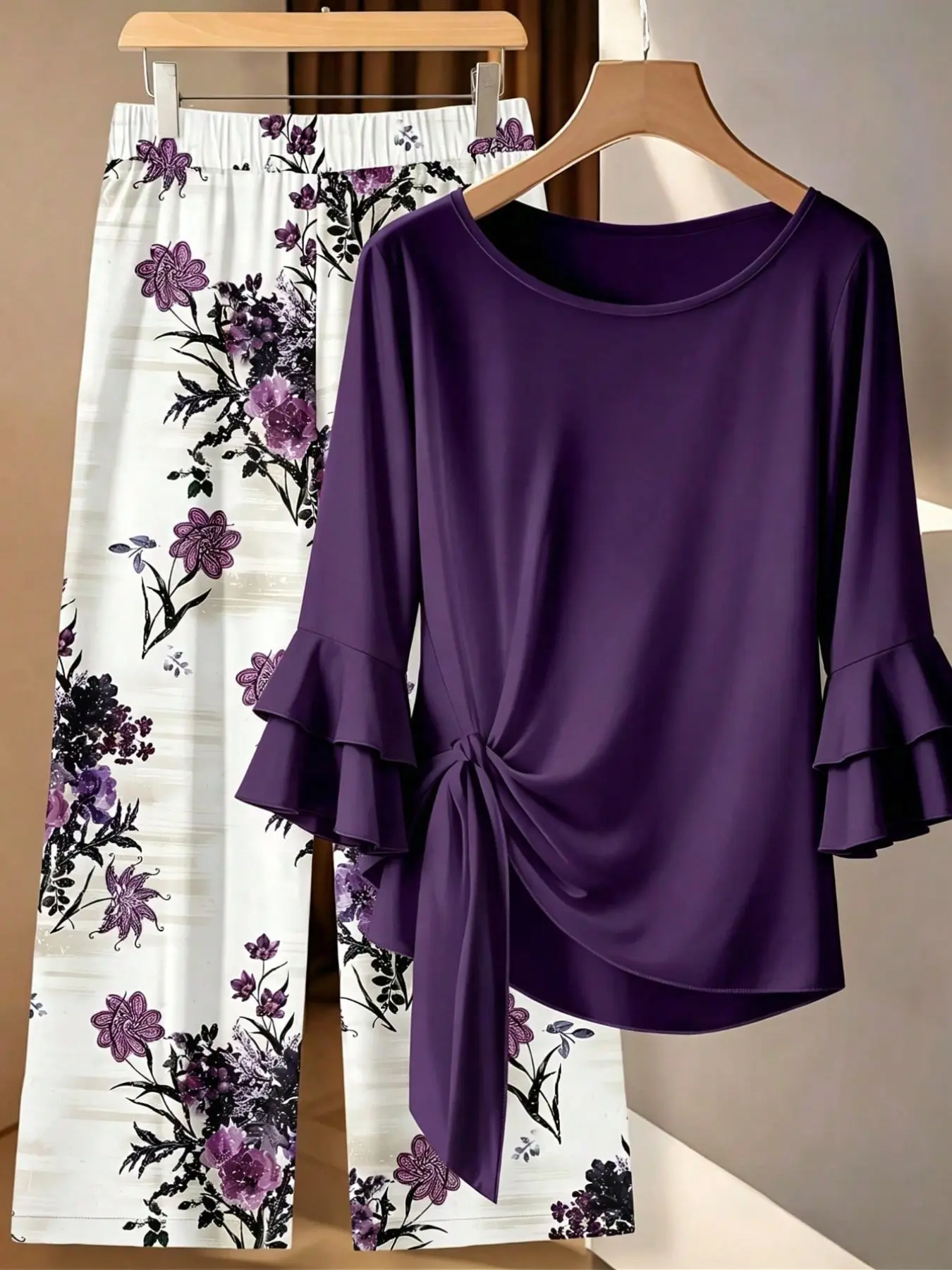 Plus Size Women Two‑Piece Outfit, Elegant Flare Bell Sleeve Knotted Waist Tops, Casual Loose‑Fit Floral Print Wide Leg Pants Set