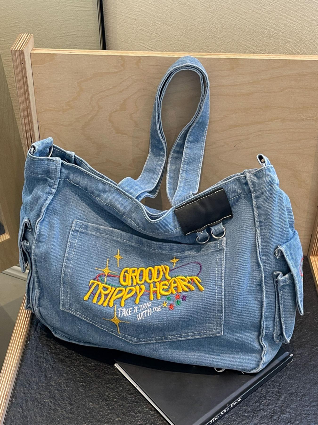 College student tote bag for girls large capacity denim trend new style one-shoulder crossbody handbag niche design backpack, college, outdoor, sports, travel, outing, shopping, vacation, vacation, fashion niche design, women bag