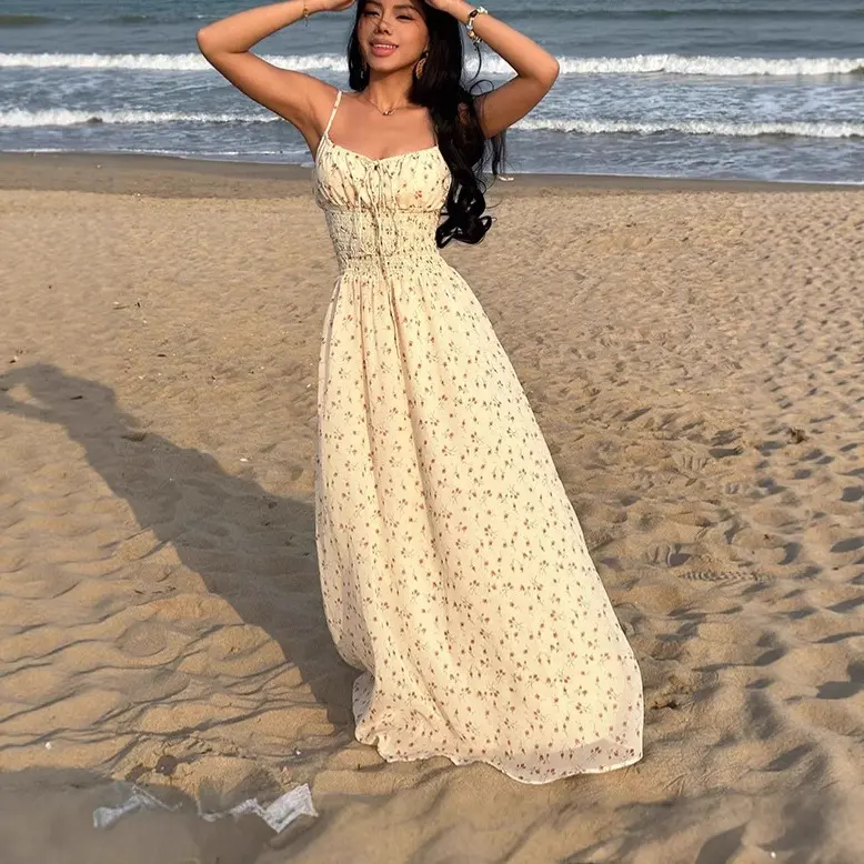 European and American sexy vacation-style floral ruched waist suspender long dress, cross-border V-neck high-waisted slim-fit A-line dress
