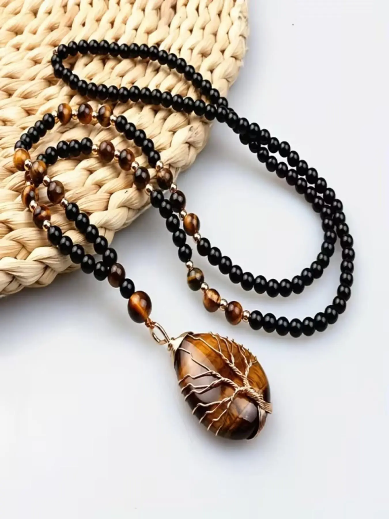 Natural Tiger Eye Tree of Life Pendant Necklace, Retro Casual Long Chain, Beaded Chains, Men's Streetwear Accessory, Perfect Gift for Holidays, Beaded Necklaces
