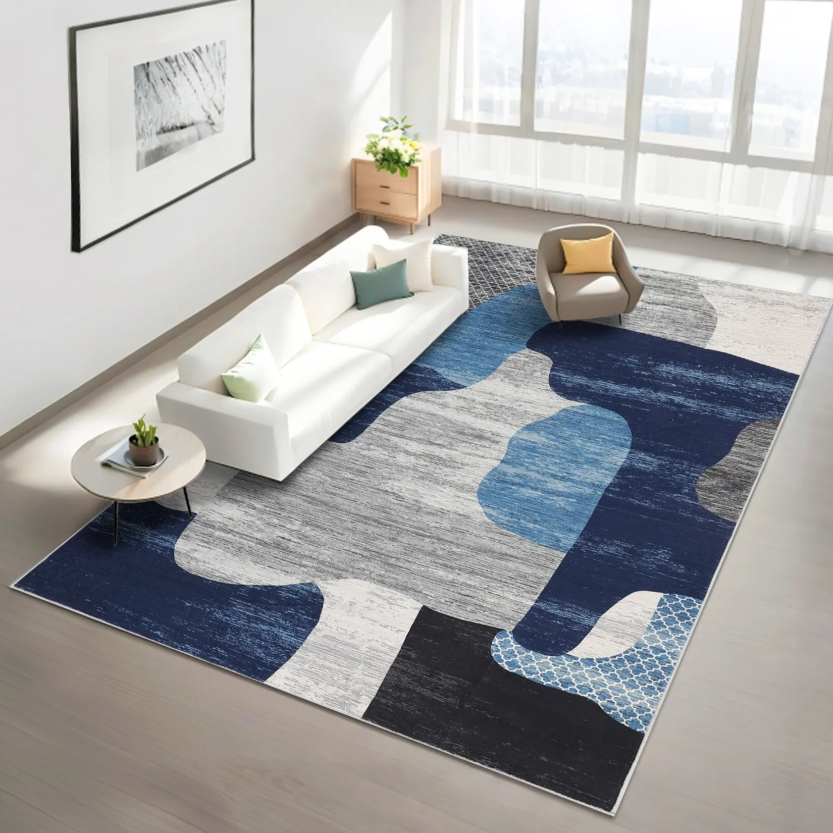 Modern Abstract Print Area Rug, Ultra Thin Soft Non-Shedding Stain-Resistant Non-Slip Foldable Large Washable Rug for Living Room, Dining Room, Playroom and Kids Bedroom Indoor Decor