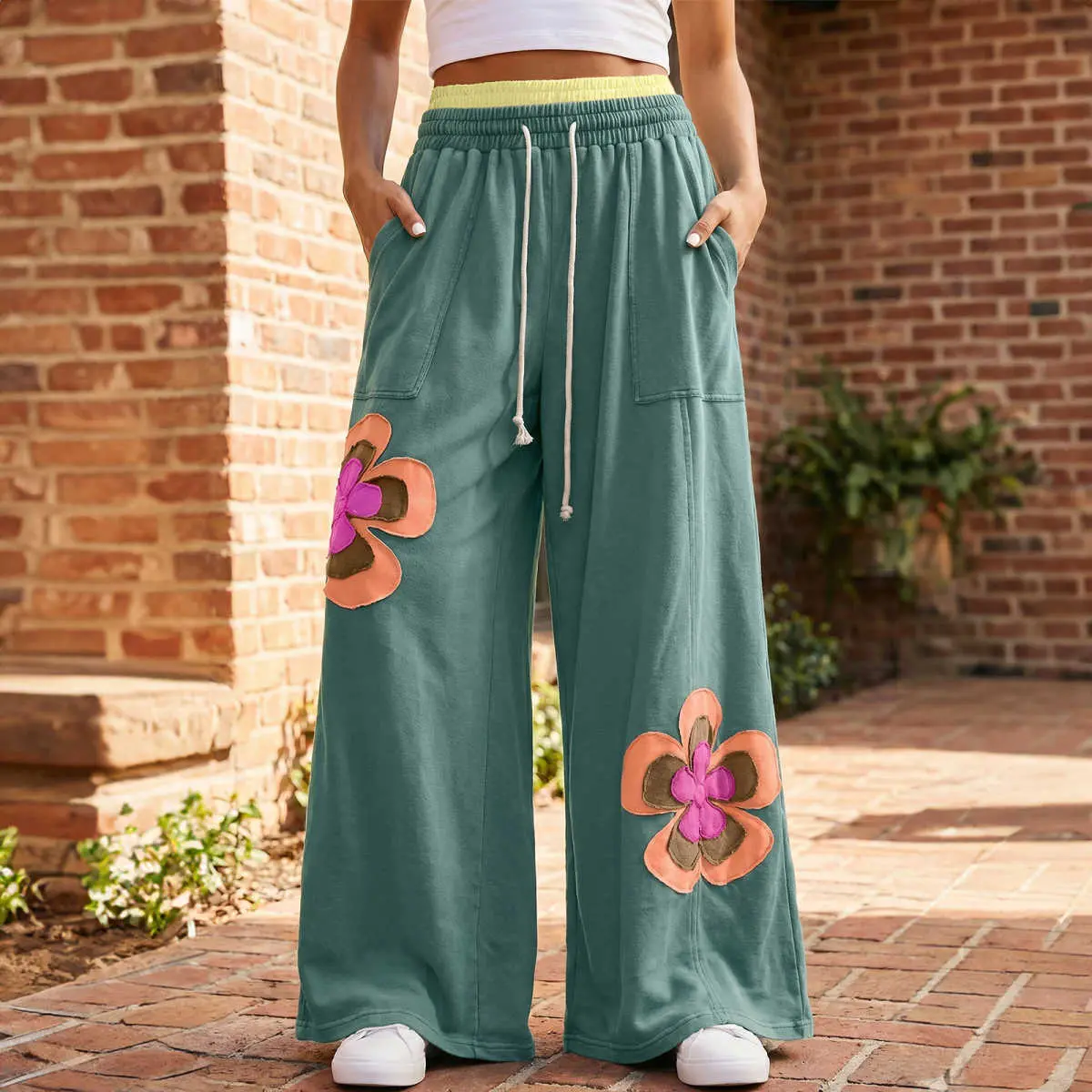 Women's Retro Floral Applique Wide-Leg Cotton Sweatpants - Contrasted Drawstring Elastic Waist, Breathable Boho Fabric Casual Womenswear Bottoms, Boho Clothes For Women, Wide Leg Pants, Patchwork Pants, Hippie Pants