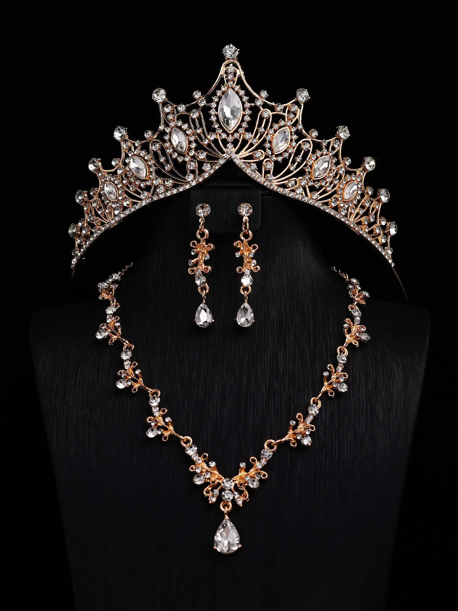 Vintage Vine Clear Rhinestone Crown Jewelry Set, Bridal Wedding Engagement, Adult Party Carpet, Rose Gold Court Hollow Dress Tiara Necklace Earrings Set