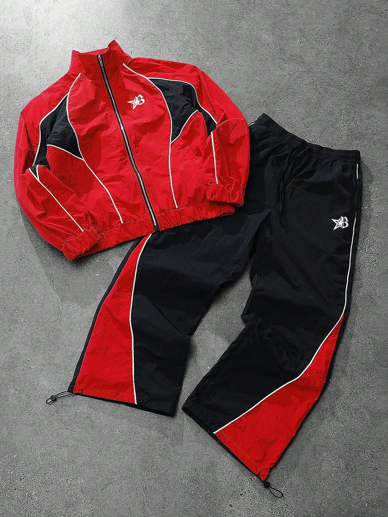 Unisex Colorblock Two-Piece Sports Set, Star Logo Stand Collar Zipper Windproof Jacket + Drawstring Long Pants, Yk Streetwear Casual, Athleisure Outfit