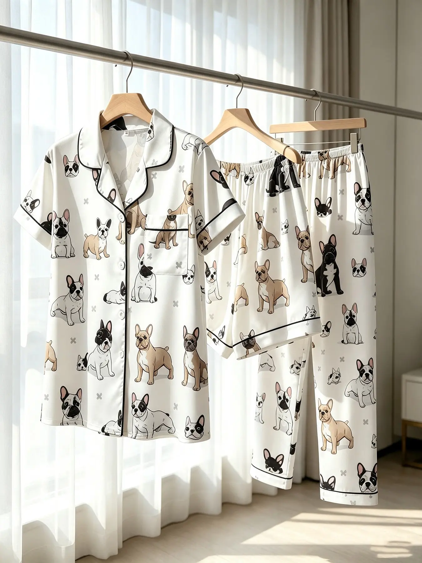 Women's 3-Piece Button-Down Pajama Set, Cute French Bulldog Print on White, All Season Wear, Loose Comfortable, Versatile Home Loungewear Set for Relaxing & Working