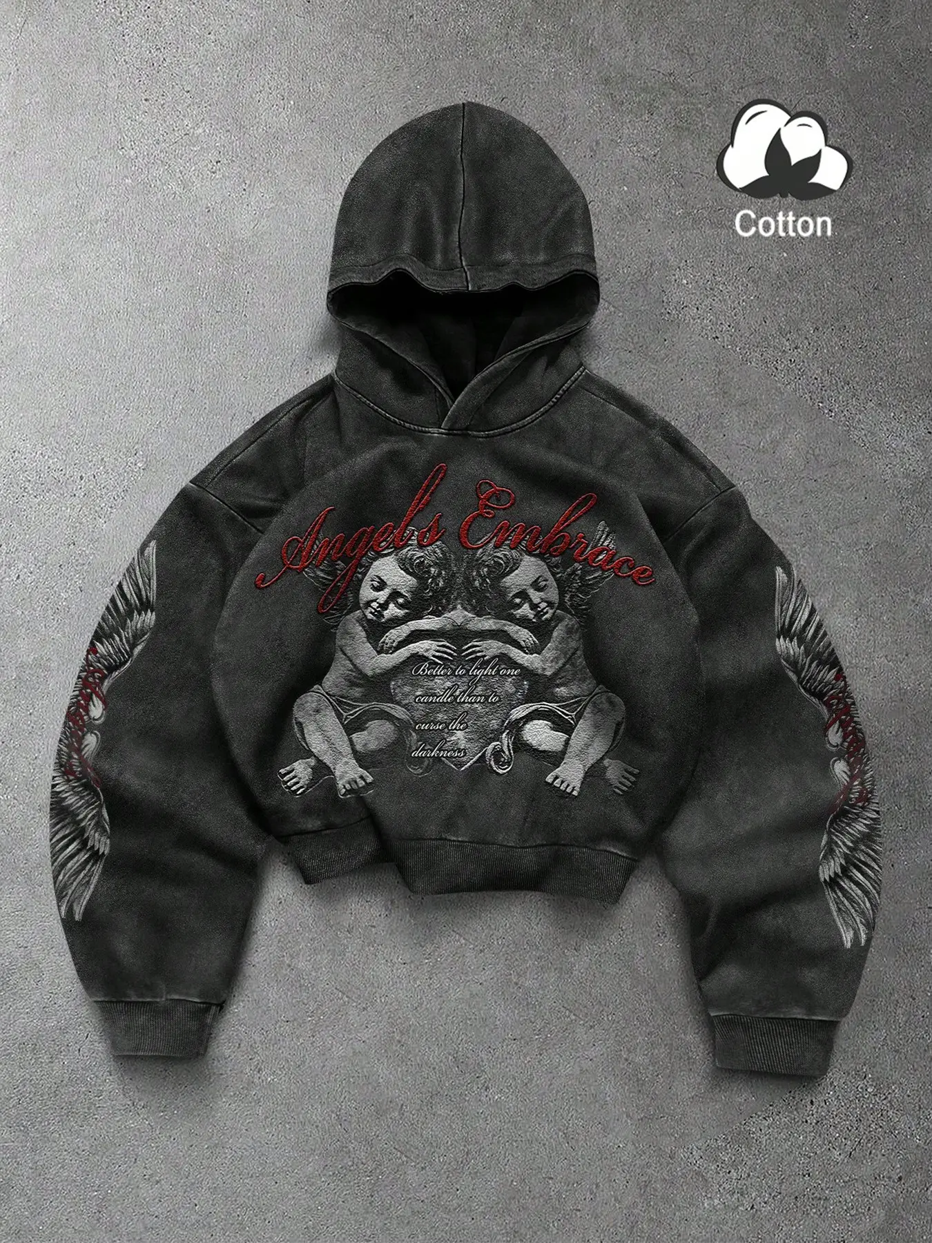 Men's Angel Statue and Wings Graphic Hoodie, Deep Street Style, Fall City Casual Wear, Winter Long Sleeve Pullover, Y2K Fashion